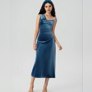 Velvet Asymmetrical Midi Dress- Blue, Size M